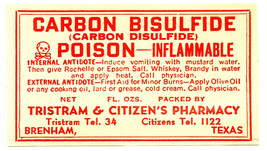 1 Antique Pharmacy Label CARBON BISULFIDE Poison Tristram &amp; Citizen&#39;s Pharmacy - £20.23 GBP