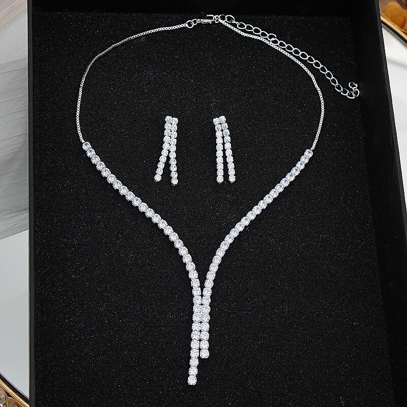 Primary image for FYUAN Simple Geometric Zircon Necklace Earrings Women Crystal Earrings for Weddi
