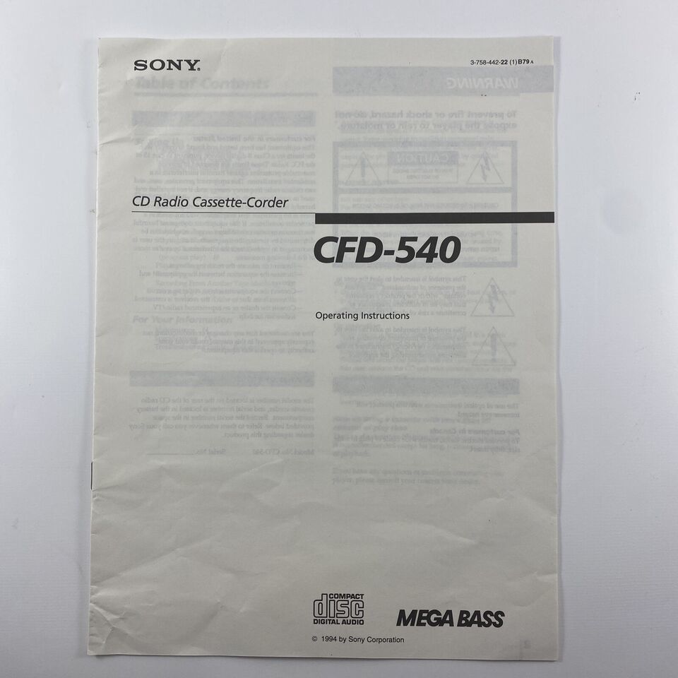 Sony CFD-540 CD Radio Cassette Recorder - Operating Instructions Manual - $7.42