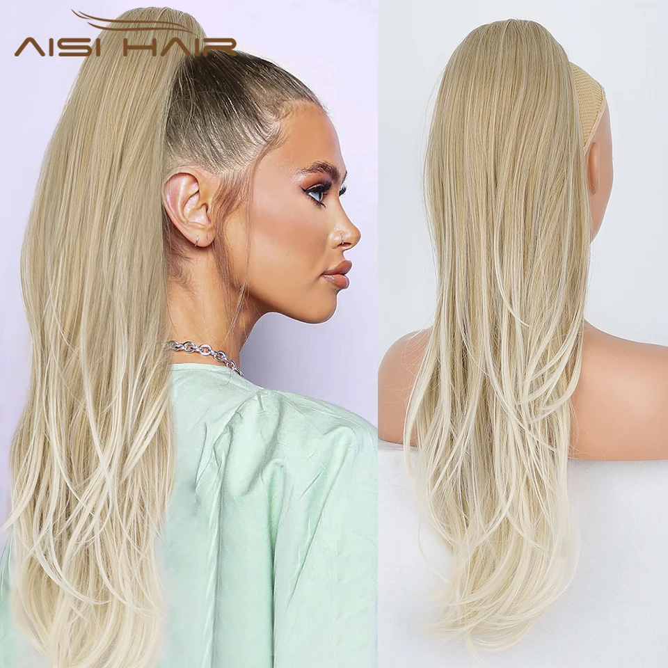 AISI HAIR Synthesic Long Wavy Ponytail Ombre Platinum Drawstring Straight - £20.13 GBP