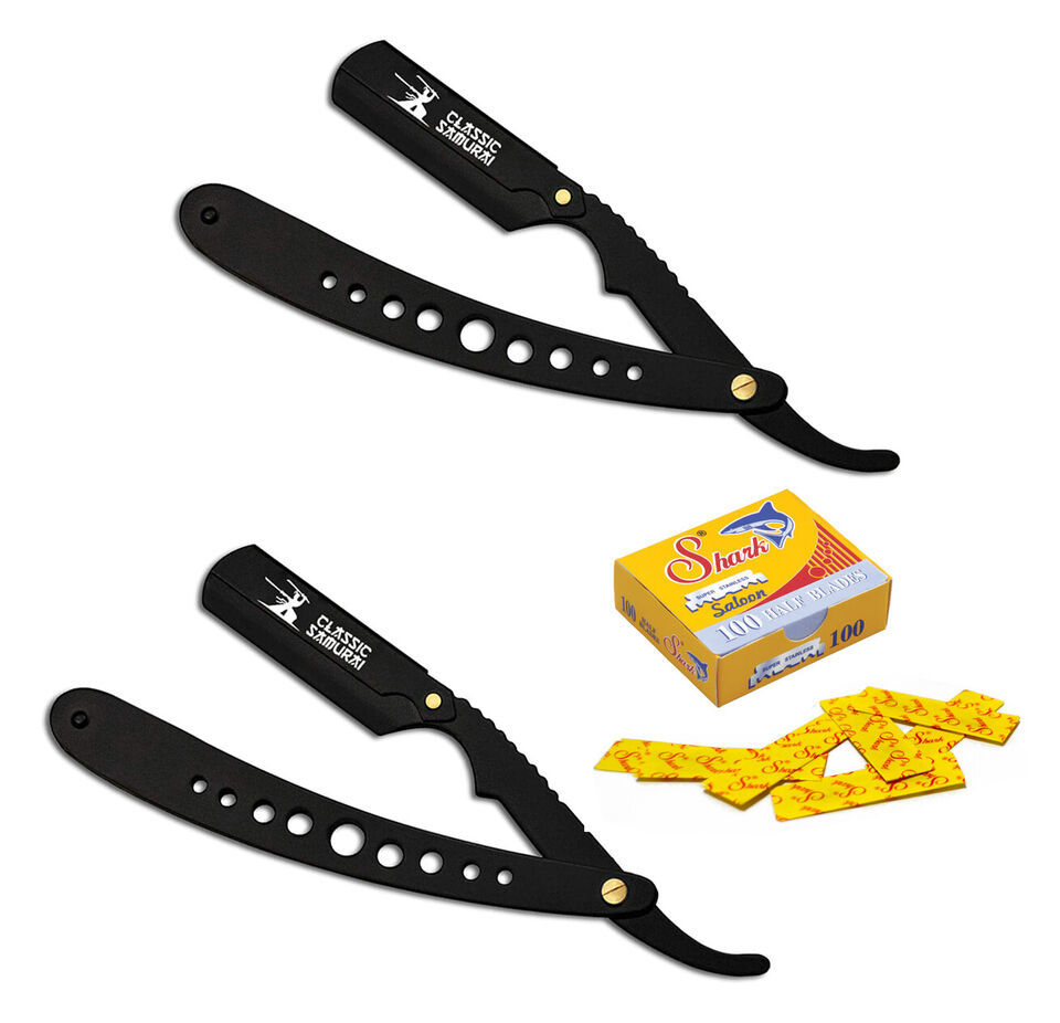 2x Stainless Steel Folding Straight Edge Shavette Barber Razor 100 Shark... - $21.75