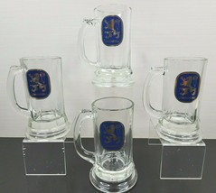 4 Lowenbrau Beer Mugs Set Vintage 6&quot; Clear Blue Gold Tankard Barware Glasses Lot - £37.09 GBP