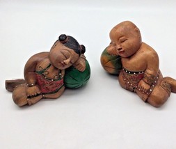 Vintage Chinese Carved Wood Girl Boy Sleeping Watermelon Figures Wealth Luck - £62.77 GBP