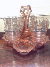 Vintage Pink Depression Glass Caddy Carrie, W/ 3 Cups &amp; A Bunny Rabbit - £21.67 GBP