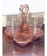 VINTAGE PINK DEPRESSION GLASS CADDY CARRIE, W/ 3 Cups &amp; A Bunny Rabbit - £21.73 GBP