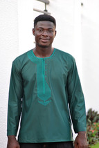 Embroidered Green Men&#39;s Long Sleeve Shirt Ankara African Clothing Fashio... - £43.72 GBP