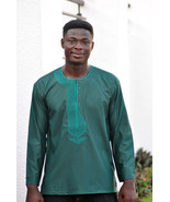 Embroidered Green Men&#39;s Long Sleeve Shirt Ankara African Clothing Fashio... - $75.29 CAD