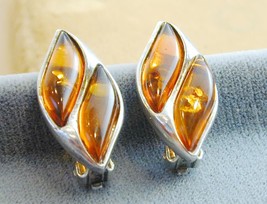 Fancy Sterling Baltic Amber Clip Earrings Unusual Shaped Stones - £23.53 GBP