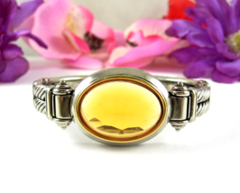 AMBER-TO Orange Clamper Bracelet Vintage Spring Hinged Twisted Silvertone 6.5&quot; - £12.45 GBP