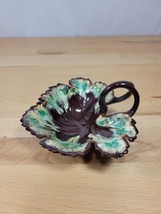 Vintage Small Leaf Nut Candy Bowl Handled Trinket Dish Brown w/ Green Dr... - £10.16 GBP