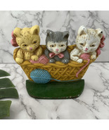 Vintage Cast Iron Kitten Cats Doorstop Yarn Basket Cute Metal Decor Bookend - $845.11 MXN