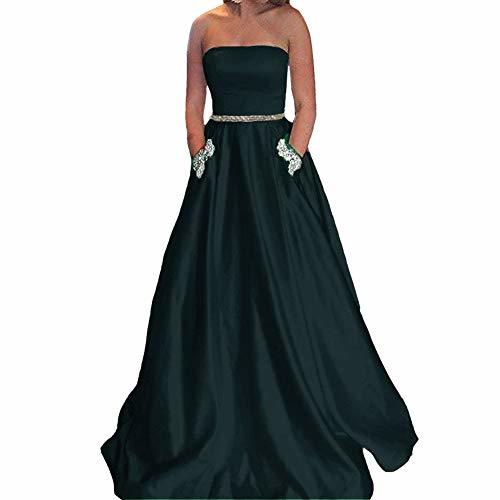 Kivary Beaded Belt Long Satin Formal Prom Evening Dresses with Pockets Dark Navy