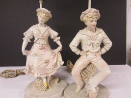 Pair Vtg Cottagecore Plaster Sailor Boy Girl Pastel Period Costume Lamps 21&quot; - £215.81 GBP