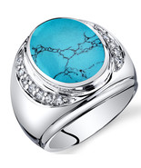 Men&#39;s Sterling Silver Oval Simulated Turquoise &amp; CZ Ring - £94.94 GBP