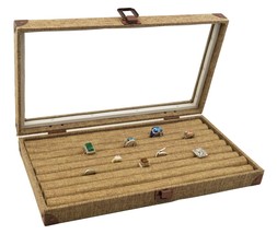 JEWELRY Slot RINGS BOX CASE Burlap Dark Beige Metal Clasp Jewelry Displa... - $49.95