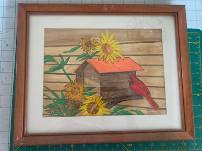 Primary image for Watercolor Sunflower with Cardinal framed pictureBy ARE 2000 12” X 15”