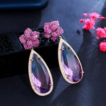 New Trendy Long Big Dangle Drop Red Pink CZ Crystal Flower Earrings for Women Lu - £18.56 GBP