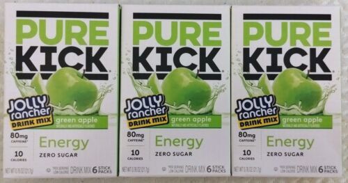 3x Pure Kick Energy Jolly Rancher Green Apple Zero Sugar Drink Mix SAME-DAY SHIP