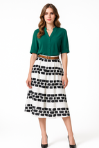 Queen Mary of Denmark Inspired Ivory Printed Midi Skirt &amp; Green Satin Bl... - $129.99