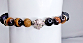 Leopard With Rhinestone, Tiger Eye, Black Lava Beads Stretch Bracelet - £11.87 GBP