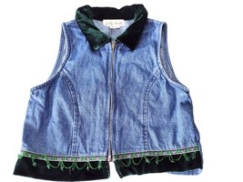 Vintage My Michelle Girls Zip Denim Vest Green Beaded Velvet Trim Size 10 USA  - £10.19 GBP