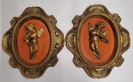 Pair Vintage Chalkware Cherubs Angels playing Instruments Wall Art 19&#39; X 16&quot; - £71.20 GBP