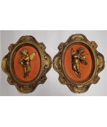 Pair Vintage Chalkware Cherubs Angels playing Instruments Wall Art 19&#39; X... - $89.09