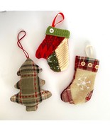 Fabric Christmas Tree Stocking Mitten Plaid Felt Ornaments Countrycore H... - £11.68 GBP
