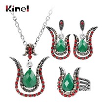 Turkey Jewelry Sets Fashion Silver Color Women Retro Green Pendant Necklace Earr - £9.31 GBP