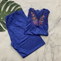 Vanity Fair Womens Vintage Pajama Set Size S Blue Embroidered Floral 2 Piece - $29.69