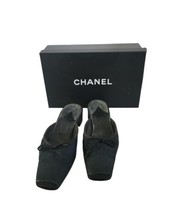 Vintage CHANEL 90s Denim LEATHER CC LOGO MULE HEELS Square Toe Sz 40 Box - $341.55