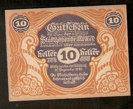 Austria MELK An Der Donau 10 heller 1920 Austrian Notgeld - £3.91 GBP