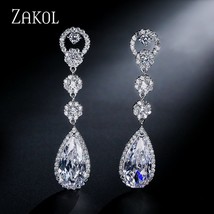 ZAKOL AAA+ Water Drop Cubic Zircon Long Dangle Earrings for Elegant Women Fashio - £16.90 GBP