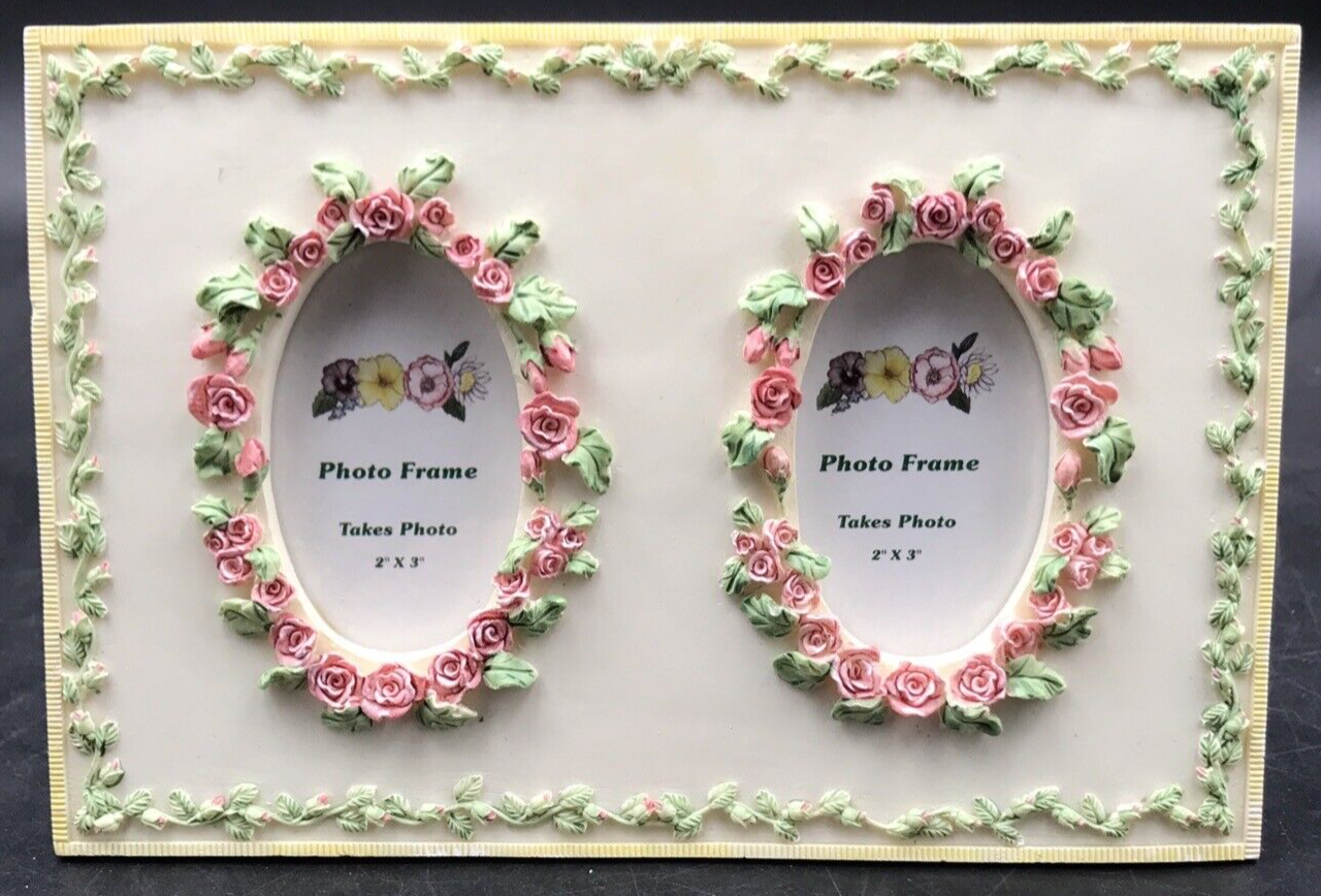 Pink Roses 3D Hand Painted 2"x3" Polyresin Dual 2 Photo Picture Frame - $9.49