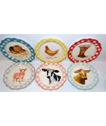 SET OF 6 PIONEER WOMAN GINGHAM PIG COW CHICKEN HAT BOOT  7&quot; APPETIZER PL... - £29.26 GBP