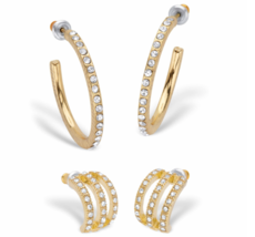 Round Crystal Two Pair Demi Hoop Earrings Set In Goldtone - £47.20 GBP