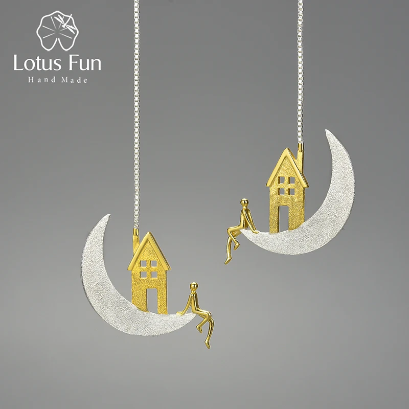 Real 925 Sterling Silver Home on the Moon Unusual Long Hanging Drop Earrings for - £41.47 GBP