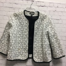 Louben Womens Open Front Jacket White Black Circles Waist Length Stretch 10 - $14.25