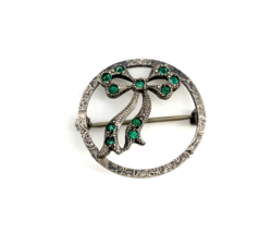 Antique Signed Sterling Silver Art Deco Emerald Stone Circled Ribbon Bow Brooch - $54.45