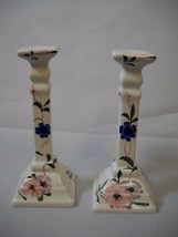 Set Of 2 Candle Sticks From Jay Willfred White With Flowers Painted On - £26.98 GBP
