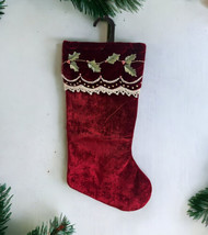 Christmas Luxury Stocking Deep Red Velvet WhiteLace Holly Mistletoe Embroidered - £14.23 GBP