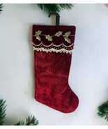 Christmas Luxury Stocking Deep Red Velvet WhiteLace Holly Mistletoe Embr... - $339.03 MXN