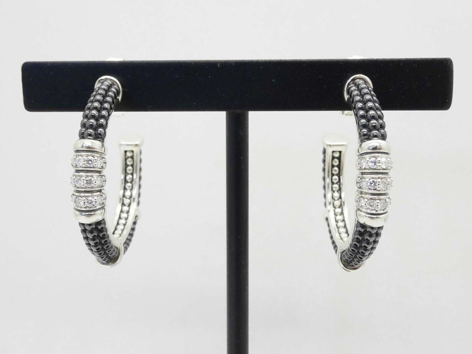 Primary image for Lagos Designer Black Ceramic Bead & Diamond Hoop Earrings Sterling Silver