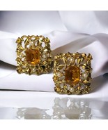 Coro Vintage Amber Topaz Citrine Rhinestone Faux Pearl Screw Back Earrings - €25,98 EUR