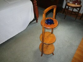 Vtg. 3-Tier CIRCULAR WOOD HANDLED Smoke STAND w/Cobalt Ashtray -  33&quot; T ... - $78.21