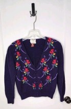 Susan Bristol Sweater Womens Medium Hand Embroiderd Floral Purple Wool C... - $18.50