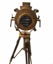 Antique Brass Nautical Searchlight Floor Lamp Spotlight Wooden Tripod Light - £286.63 GBP