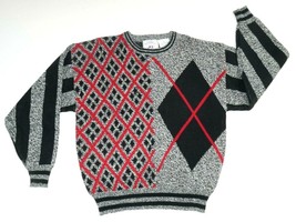 Vintage Black Gray Red Argyle Stripe Mixed Pullover Sweater Hoopla Mens ... - £33.18 GBP