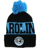 Carolina Three Stripe Circular Patch Pom Beanie Winter Hat (Black/Blue) - £15.14 GBP