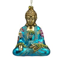 Buddha Glass Christmas Ornament 5&quot; Blue Turquoise Kurt Adler Butterfly Flower - £18.83 GBP